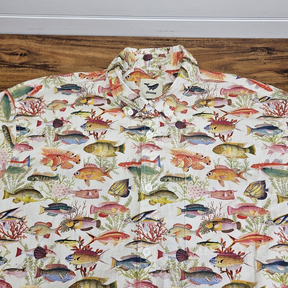 Yiume Shirt Mens 3XL Tropical Fish All Over Print Cotton Beach Cruise